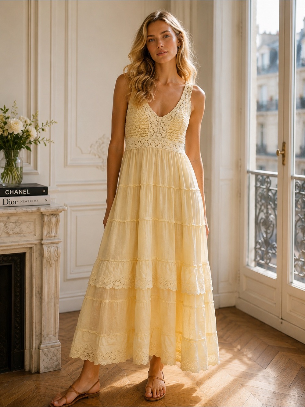 Vintage crochet detail cami maxi dress in butter yellow size S